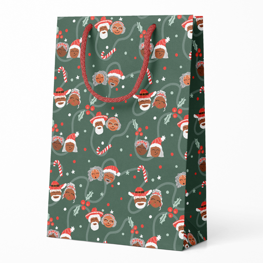 Holiday Swirl LatinX Gift Bag featuring vibrant Brown Santa design, perfect for festive gift-giving.