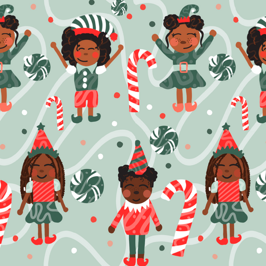 Santas Helpers Wrapping Paper Colorful Santa’s Helpers gift bag design featuring cheerful characters, candy canes, and festive elements.