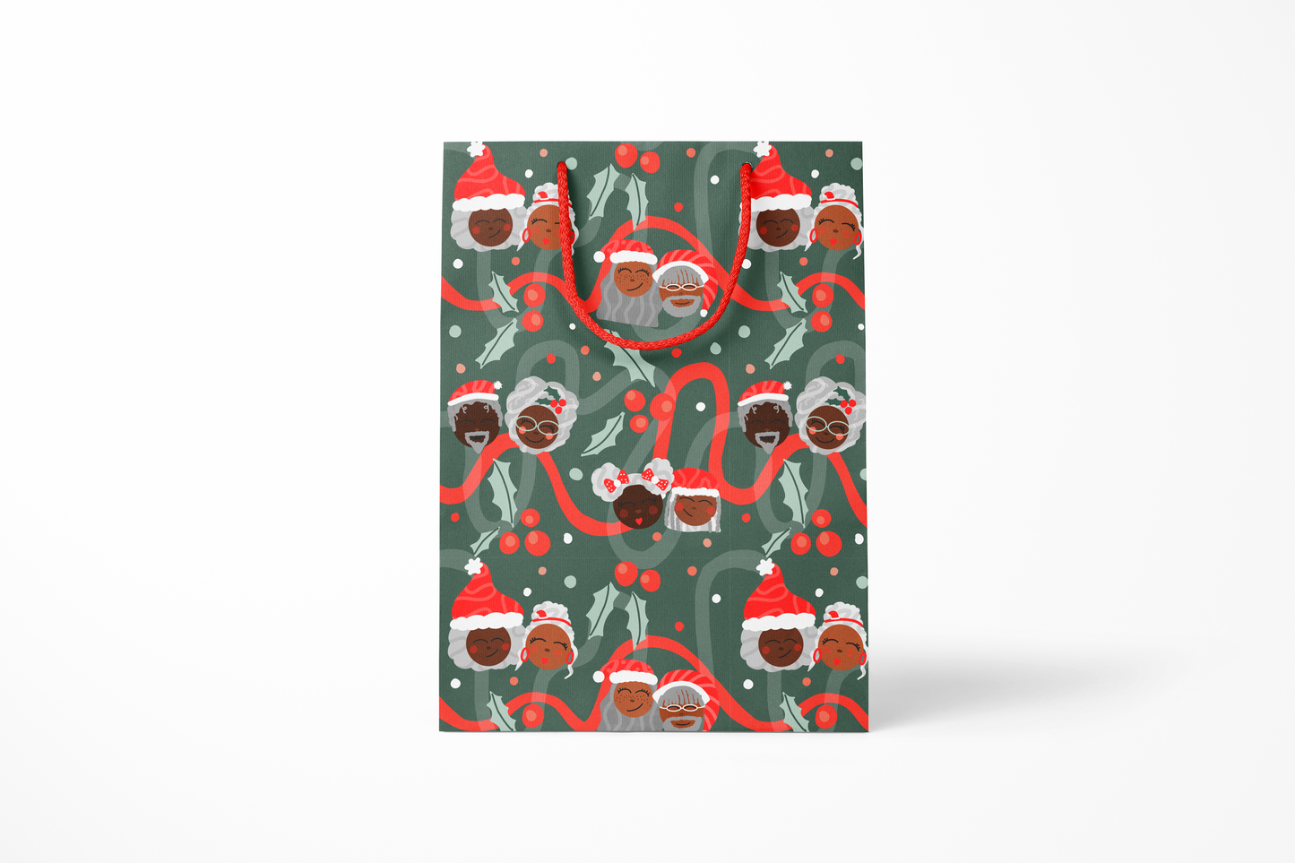Black Santa Gift Bag featuring vibrant, festive designs showcasing Black Santa Claus, perfect for Christmas gifts, frontview.