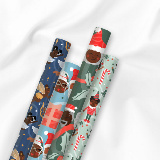 Four rolls of black Santa Christmas season of joy wrapping paper with festive designs, perfect for holiday gift wrapping.