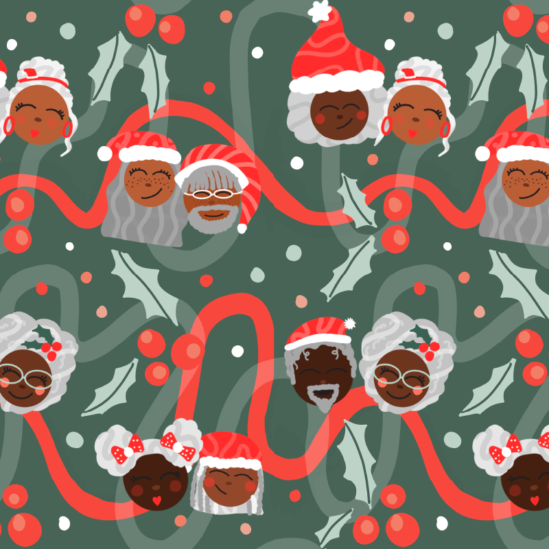 Close-up of a wrapping paper design with Black Santa, highlighting the colorful and joyful Black Santa design.