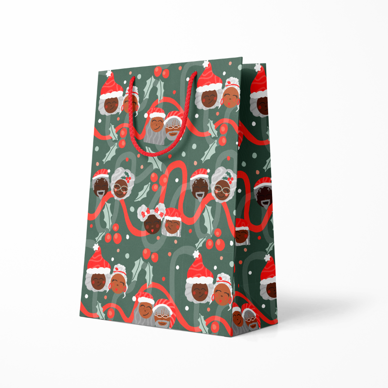 Black Santa Gift Bag featuring vibrant, festive designs showcasing Black Santa Claus, perfect for Christmas gifts, side view.